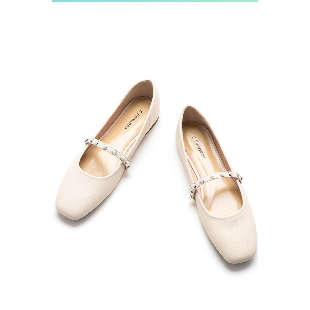 C.Paravano Mary Jane Flats  Square Toe Ballet Flats Pearl Strap Eu Sz 38.5 $115